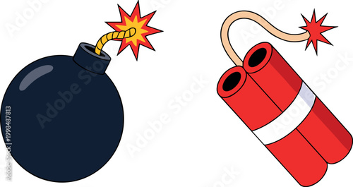 Tableau sur toile Explosive Bomb and Dynamite Icon Set with Burning Fuse Cartoon Style for Danger