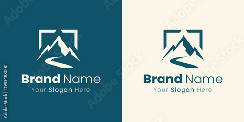 A contemporary square logo featuring mountains and a winding river or road.