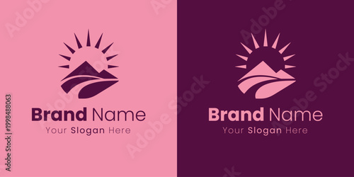 A radiant logo featuring a sunburst over rolling hills with an abstract path.