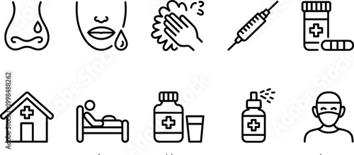 Medical and healthcare line icon set featuring flu symptoms, hygiene, vaccination, pharmacy medicine, hospital clinic, patient care, nasal spray, and surgical mask for pandemic prevention.