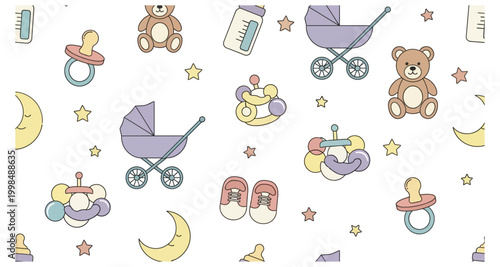 A repeating pattern of baby items including strollers toys and pacifiers