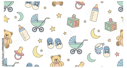 Tableau sur toile A seamless pattern featuring baby items like strollers bottles and teddy bears