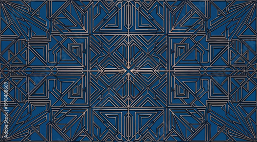 Art deco geometric pattern with silver lines on a deep blue background, luxury vintage style
