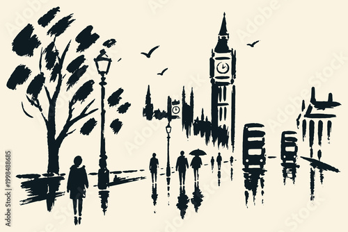 London Big Ben rainy street ink sketch vector illustration