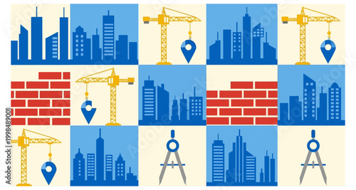 A colorful pattern depicting construction elements city skylines and architectural tools