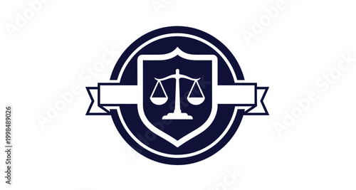 A navy blue circular emblem featuring a shield and scales of justice