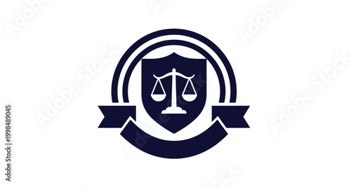 A navy blue and white emblem depicting scales of justice within a shield