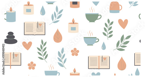 A cozy repeating pattern featuring candles books and comforting objects