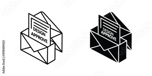 Design approval depicted through contrasting envelope icons with geometric styling