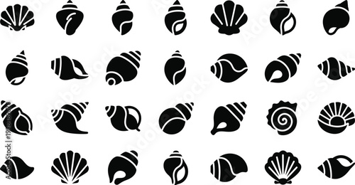 A large collection of various black silhouette seashells and conch icons isolated on white background for marine design projects