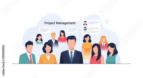 Project Management Team with Central Manager and Collaboration Dialogue