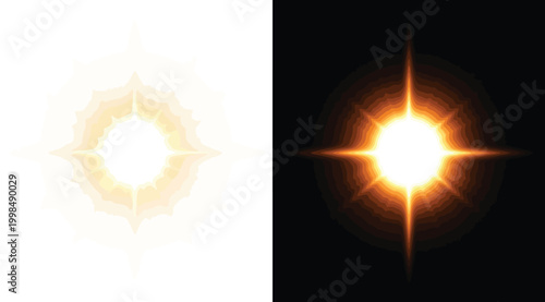 Abstract glowing star or sun burst icon with light rays, vector illustration of a bright flare effect