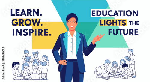 Businessman in blue suit presenting education.