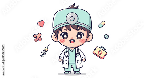 Cartoon doctor in medical uniform smiling.