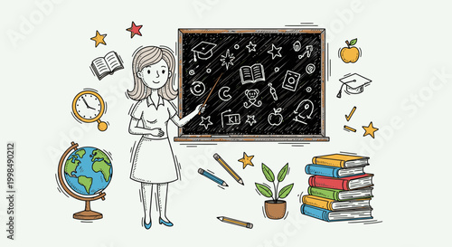 Female teacher standing by blackboard.