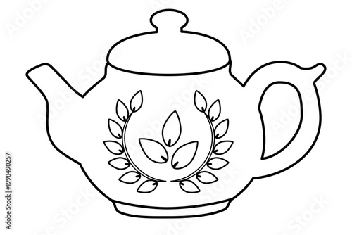 Teapot outline with tea leaf winners wreath. Black and white line drawing for coloring book page. Kitchen utensil for brewing hot beverage. Drinkware illustration for craft and hobby project