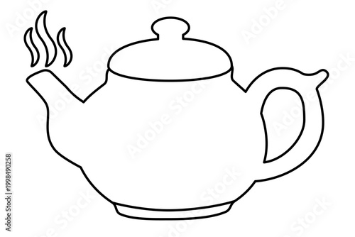 Teapot with steam icon. Minimalist line drawing of a kitchen appliance for brewing tea. Graphic element for culinary design, restaurant menu, cafe logo, and beverage invitation card