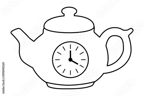 Teapot with clock dial inside as a symbol of tea time. Outline illustration of kitchenware showing time for tea break. Concept of hospitality, daily schedule and beverage ritual