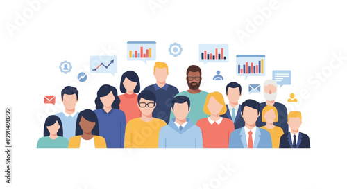Group of Diverse Professionals with Data Charts and Speech Bubbles