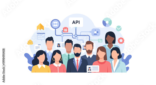 Diverse team collaboration and API network concept