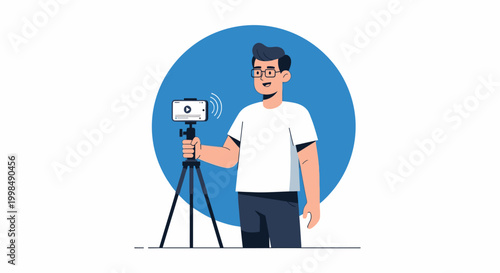 Man holding video camera on tripod.