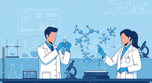 Scientists in lab coats working together.