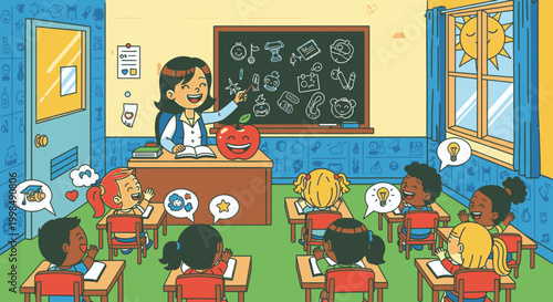 Teacher and students in classroom setting.