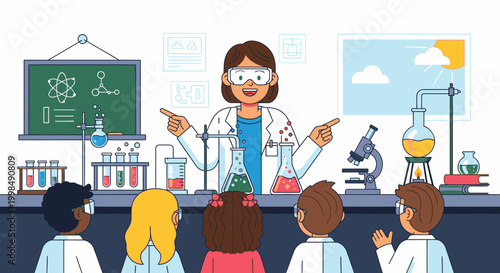 Teacher and students in science classroom.