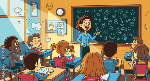 Teacher standing in front classroom students.