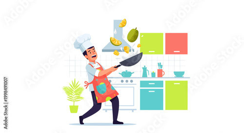 cartoon chef tossing food in kitchen