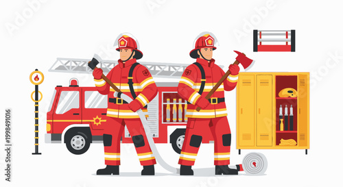 Two firefighters in red uniform standing.