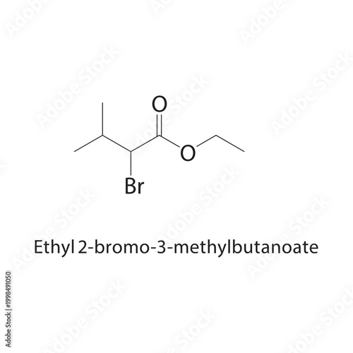 Ethyl 2-bromo-3-methylbutanoate skeletal structure. halogenated ester compound schematic illustration. Simple diagram, chemical formula.