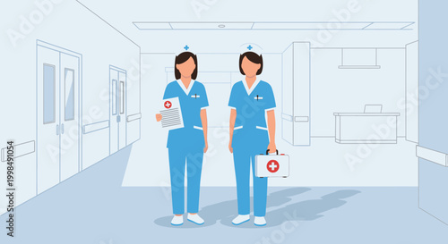 Two nurses standing in hospital hallway.