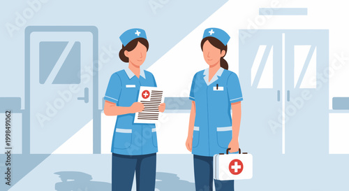 Two nurses in blue uniform standing.