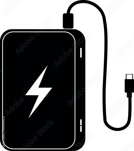 A sleek power bank with lightning symbol connected by usb cable