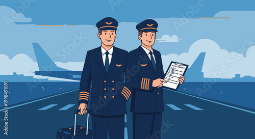 Two pilots standing on airport runway.