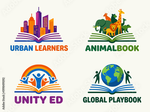 Educational Logo Set with Urban Learners, AnimalBook, Unity Ed, and Global Playbook Branding Concepts