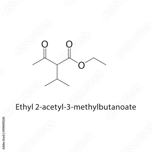 Ethyl 2-acetyl-3-methylbutanoate skeletal structure. keto ester compound schematic illustration. Simple diagram, chemical formula.