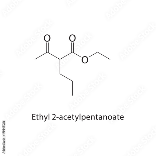 Ethyl 2-acetylpentanoate skeletal structure. keto ester compound schematic illustration. Simple diagram, chemical formula.