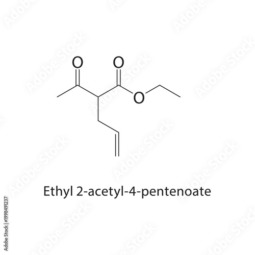 Ethyl 2-acetyl-4-pentenoate skeletal structure. keto ester compound schematic illustration. Simple diagram, chemical formula.