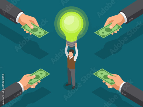 Isometric Illustration of Crowdfunding and Startup Investment Concept with a Man Holding a Glowing Green Lightbulb and Multiple Hands Offering Money