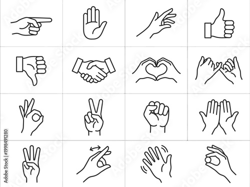 Hand Gesture Line Icon Set: Vector Illustration of Communication Symbols, Including Thumbs Up, Handshake, Pointing, Peace Sign, and Heart Shape for UI/UX Design and Business