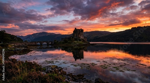 Dramatic Eilean Donan Castle at sunset, Scottish Highlands landscape with serene lake and majestic mountains