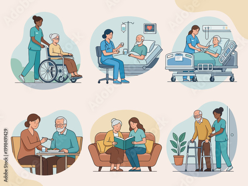 Elderly Care and Senior Nursing Illustration Set - Compassionate Healthcare Services for Aging Adults, Home Care, and Geriatric Medical Support Icons