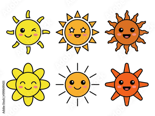 Set of Cute Kawaii Sun Characters with Happy Faces, Vector Sunshine Icons for Summer Design