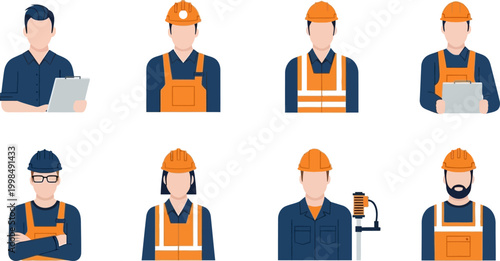 Professional construction worker avatars and industrial employee icons set in flat vector design for engineering and building project management