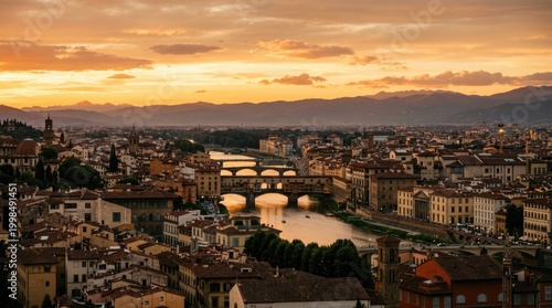 Panoramic view of Florence cityscape at sunset, Italy, with Arno River and Ponte Vecchio bridge