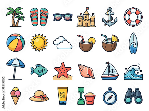 Summer Beach Vacation Icon Set: 24 Flat Vector Illustrations for Travel, Holiday, and Ocean Theme Designs