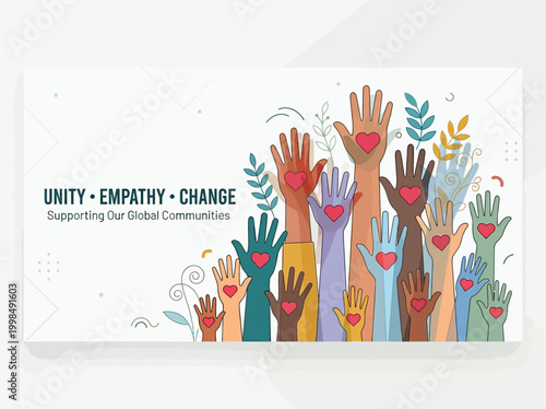 Unity Empathy and Change Illustration with Diverse Hands and Hearts Supporting Global Communities and Volunteering