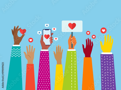 Diverse Hands Reaching Up with Heart Icons and Smartphone for Social Media Engagement, Community Support and Online Appreciation Flat Vector Illustration